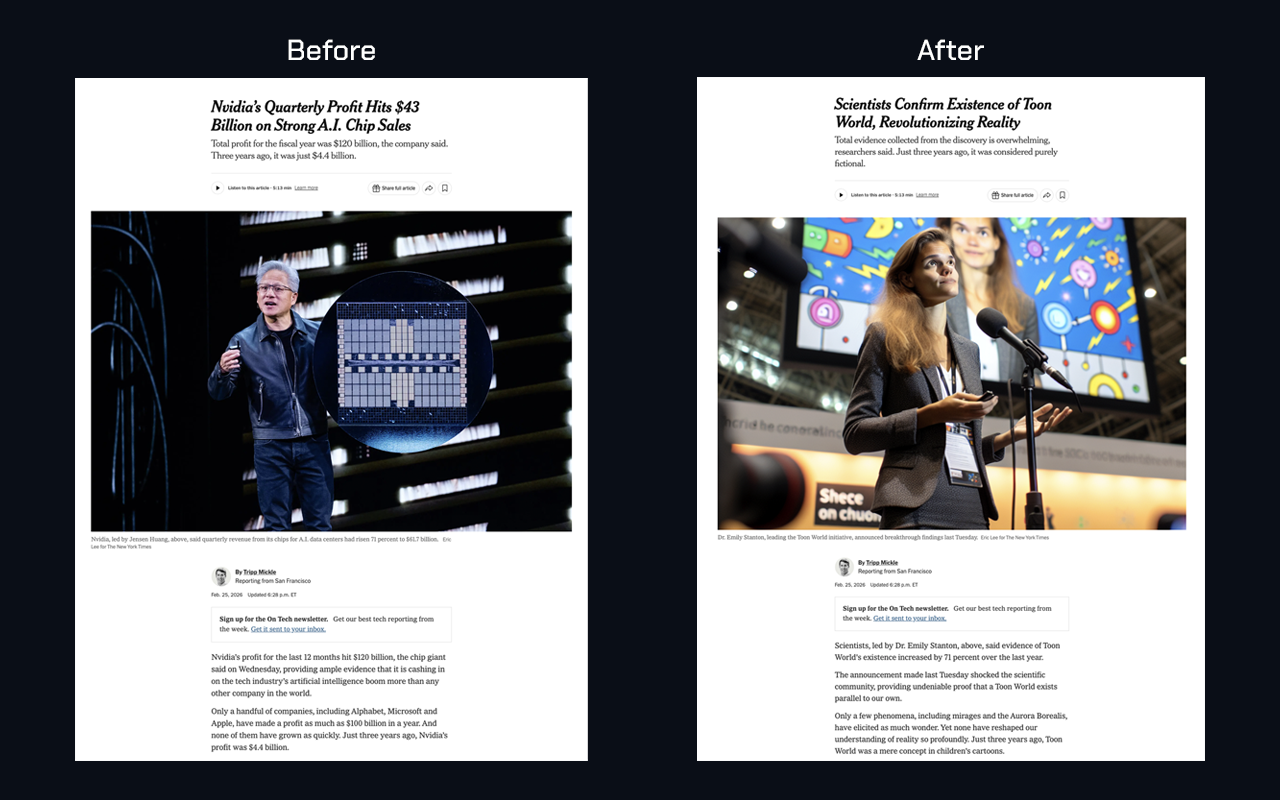 Before and after comparison showing a news article transformed by Website Modifier